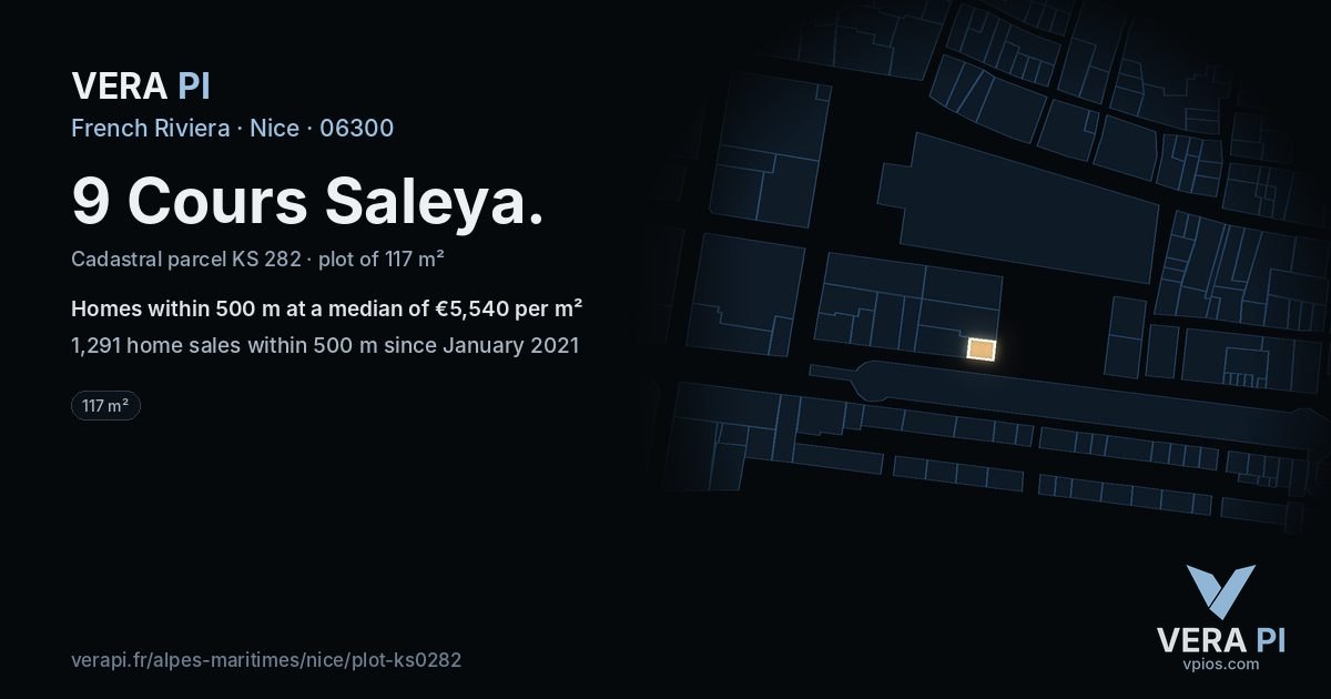 9 Cours Saleya, Nice at night – the plot lit, the parcels around coloured by the prices near them