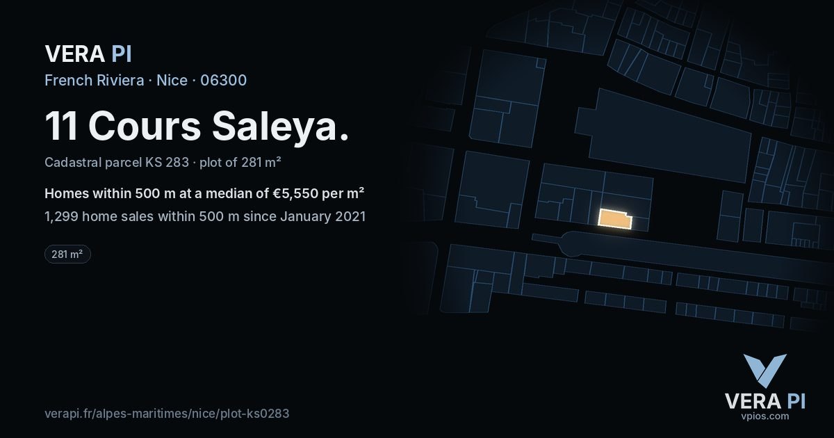 11 Cours Saleya, Nice at night – the plot lit, the parcels around coloured by the prices near them