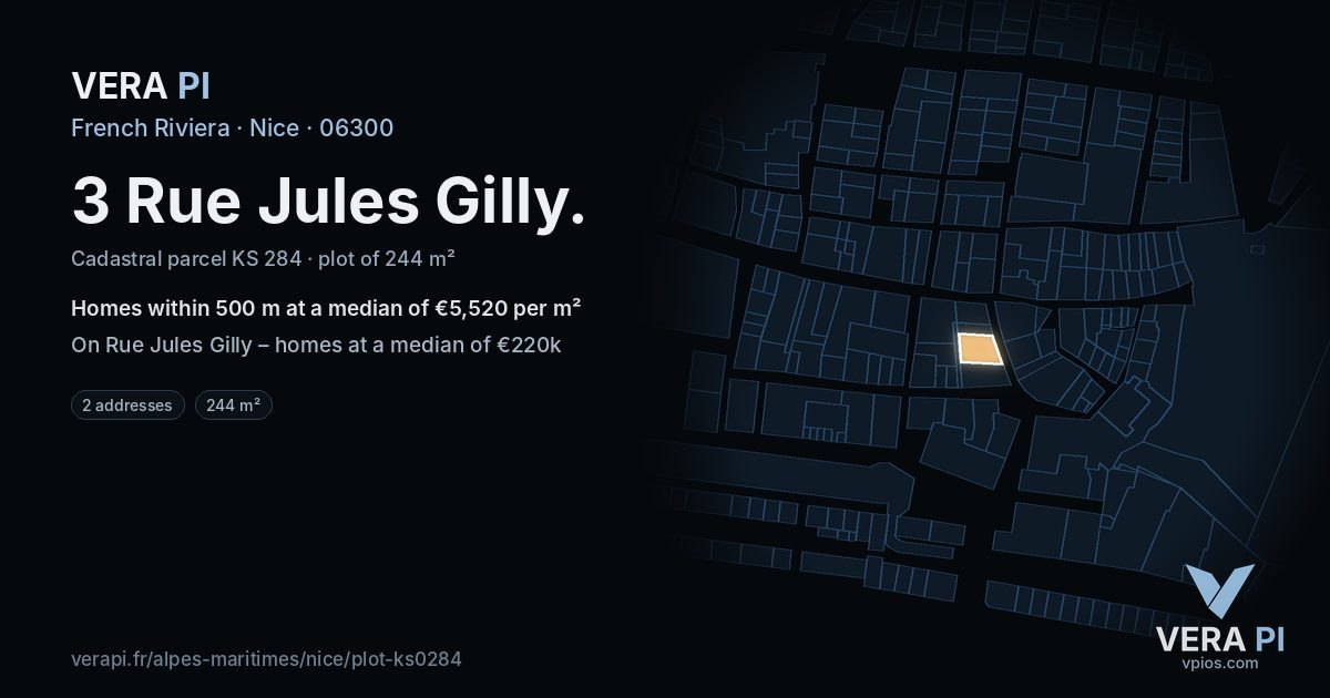 3 Rue Jules Gilly, Nice at night – the plot lit, the parcels around coloured by the prices near them