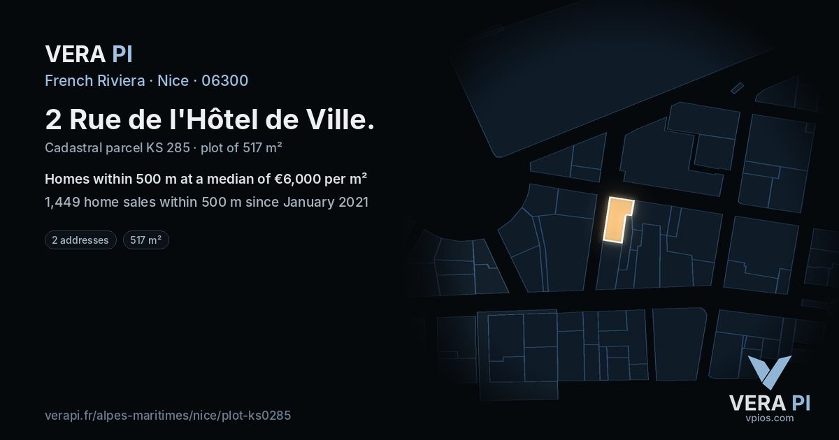 2 Rue de l'Hôtel de Ville, Nice at night – the plot lit, the parcels around coloured by the prices near them
