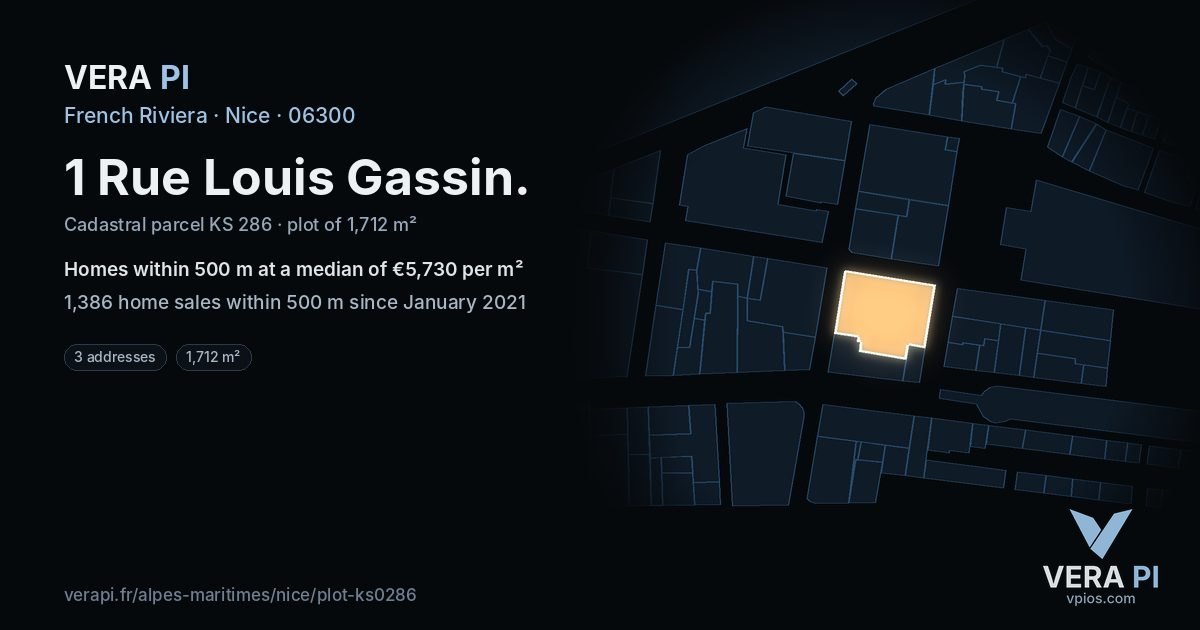 1 Rue Louis Gassin, Nice at night – the plot lit, the parcels around coloured by the prices near them