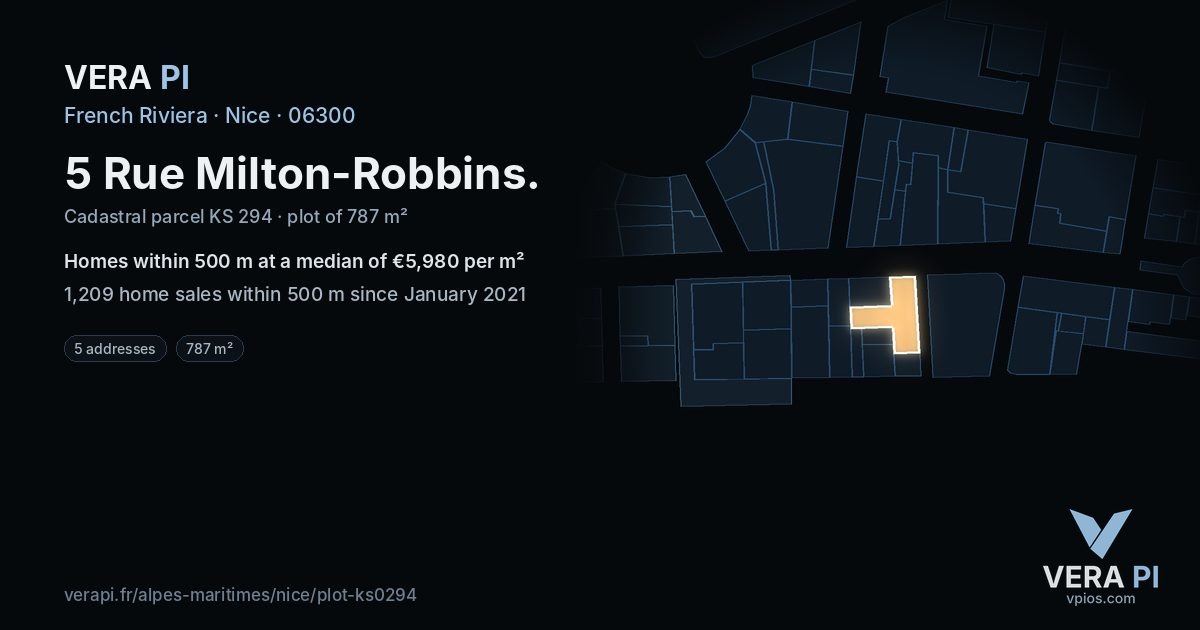 5 Rue Milton-Robbins, Nice at night – the plot lit, the parcels around coloured by the prices near them