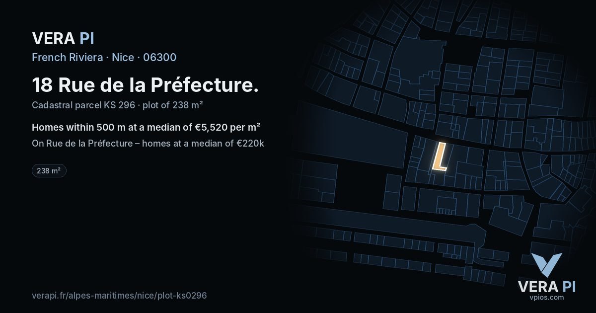 18 Rue de la Préfecture, Nice at night – the plot lit, the parcels around coloured by the prices near them