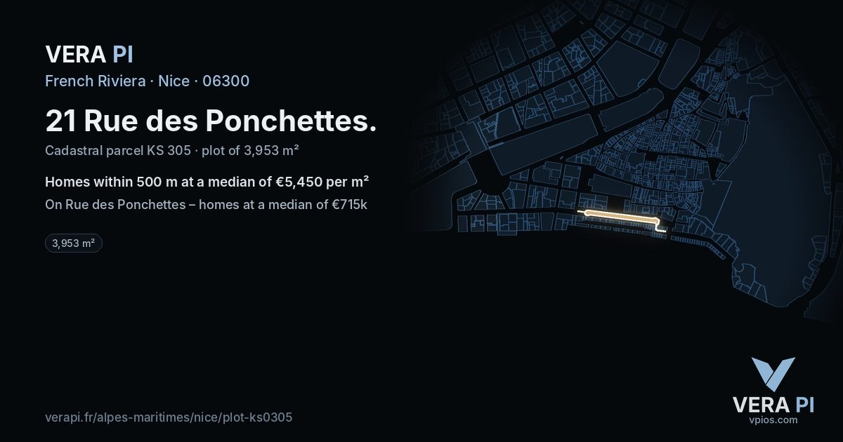 21 Rue des Ponchettes, Nice at night – the plot lit, the parcels around coloured by the prices near them