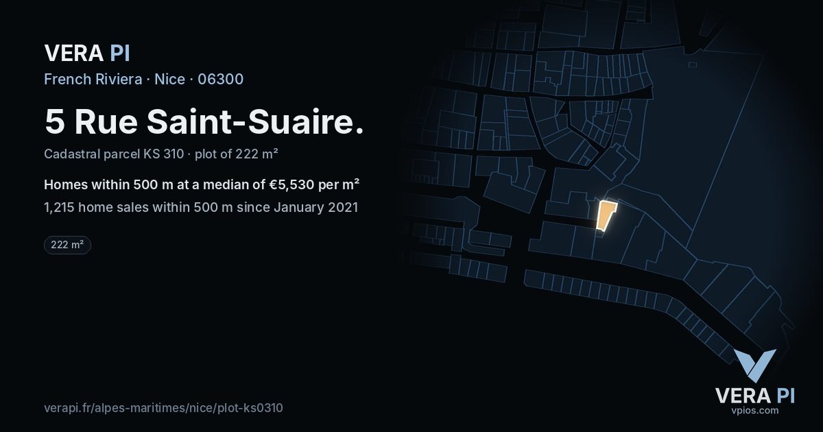 5 Rue Saint-Suaire, Nice at night – the plot lit, the parcels around coloured by the prices near them