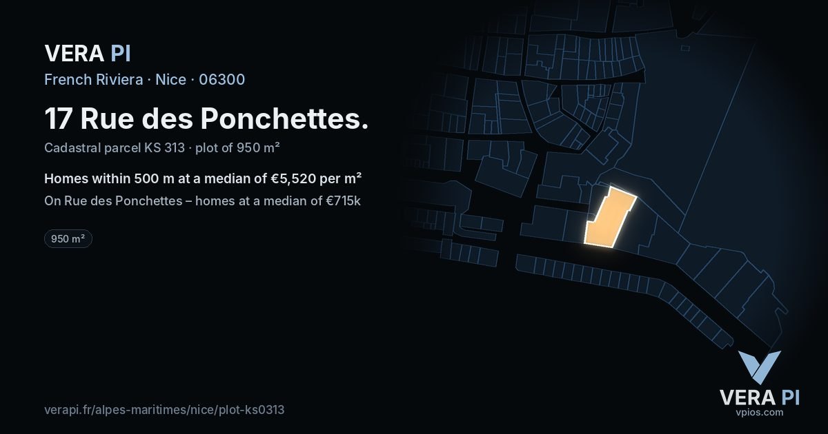 17 Rue des Ponchettes, Nice at night – the plot lit, the parcels around coloured by the prices near them