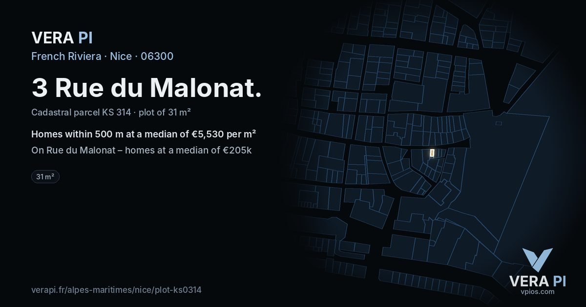 3 Rue du Malonat, Nice at night – the plot lit, the parcels around coloured by the prices near them