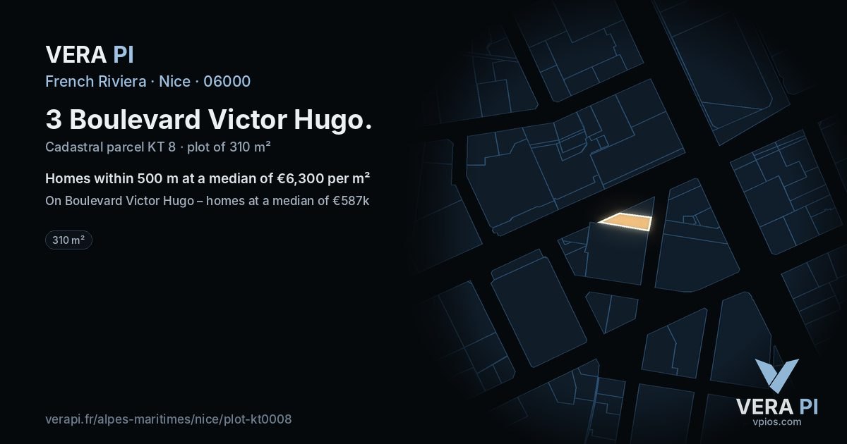 3 Boulevard Victor Hugo, Nice at night – the plot lit, the parcels around coloured by the prices near them