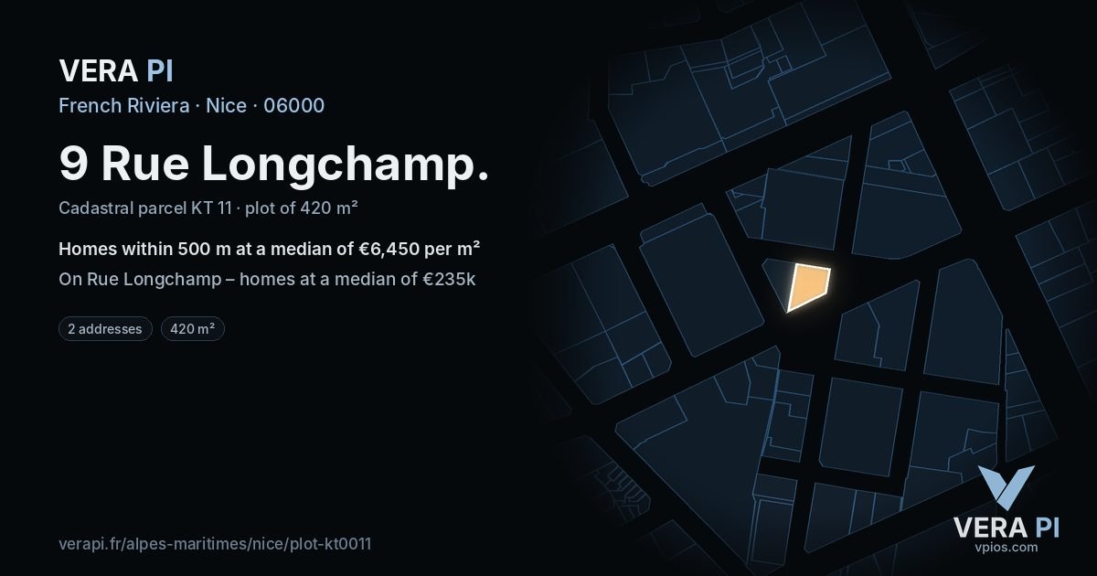 9 Rue Longchamp, Nice at night – the plot lit, the parcels around coloured by the prices near them