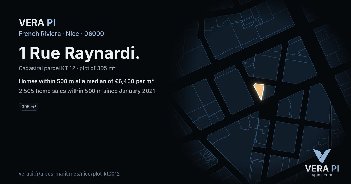 1 Rue Raynardi, Nice at night – the plot lit, the parcels around coloured by the prices near them