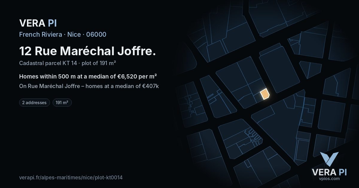 12 Rue Maréchal Joffre, Nice at night – the plot lit, the parcels around coloured by the prices near them