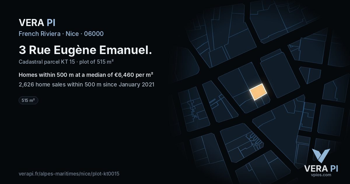 3 Rue Eugène Emanuel, Nice at night – the plot lit, the parcels around coloured by the prices near them
