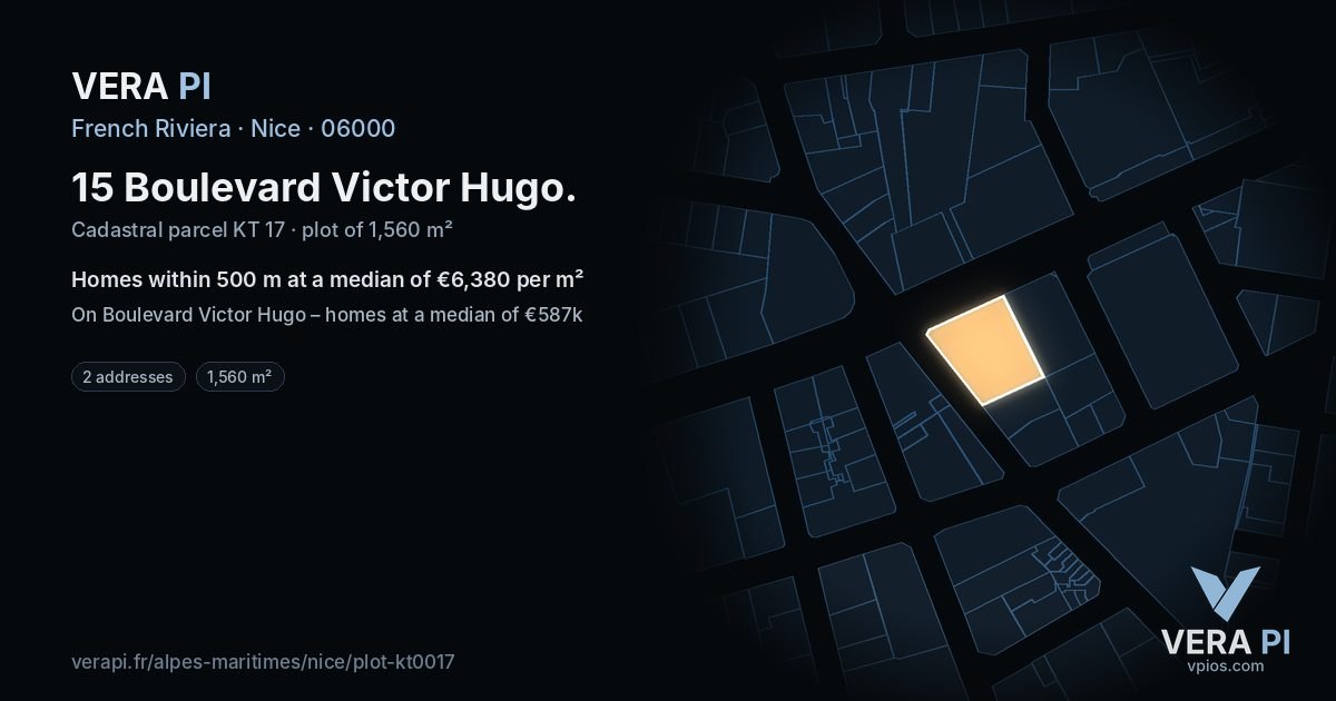 15 Boulevard Victor Hugo, Nice at night – the plot lit, the parcels around coloured by the prices near them