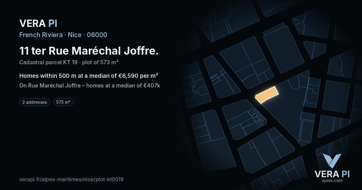 11 ter Rue Maréchal Joffre, Nice at night – the plot lit, the parcels around coloured by the prices near them