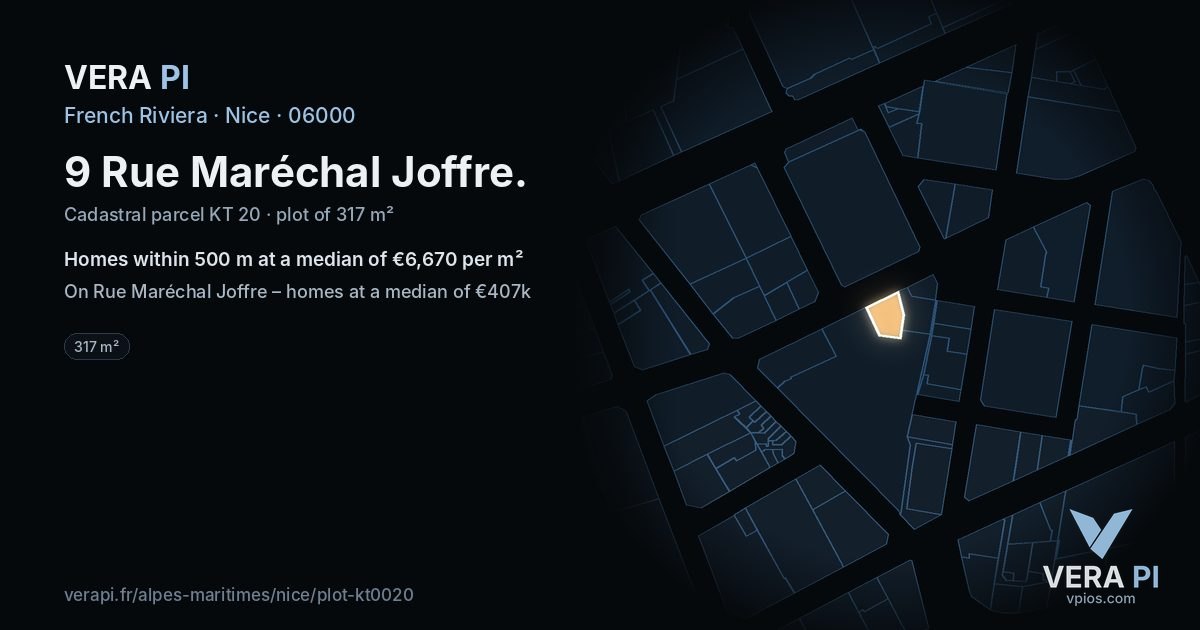 9 Rue Maréchal Joffre, Nice at night – the plot lit, the parcels around coloured by the prices near them