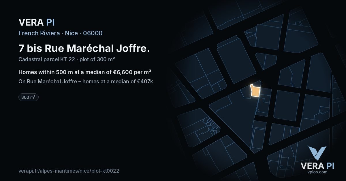 7 bis Rue Maréchal Joffre, Nice at night – the plot lit, the parcels around coloured by the prices near them