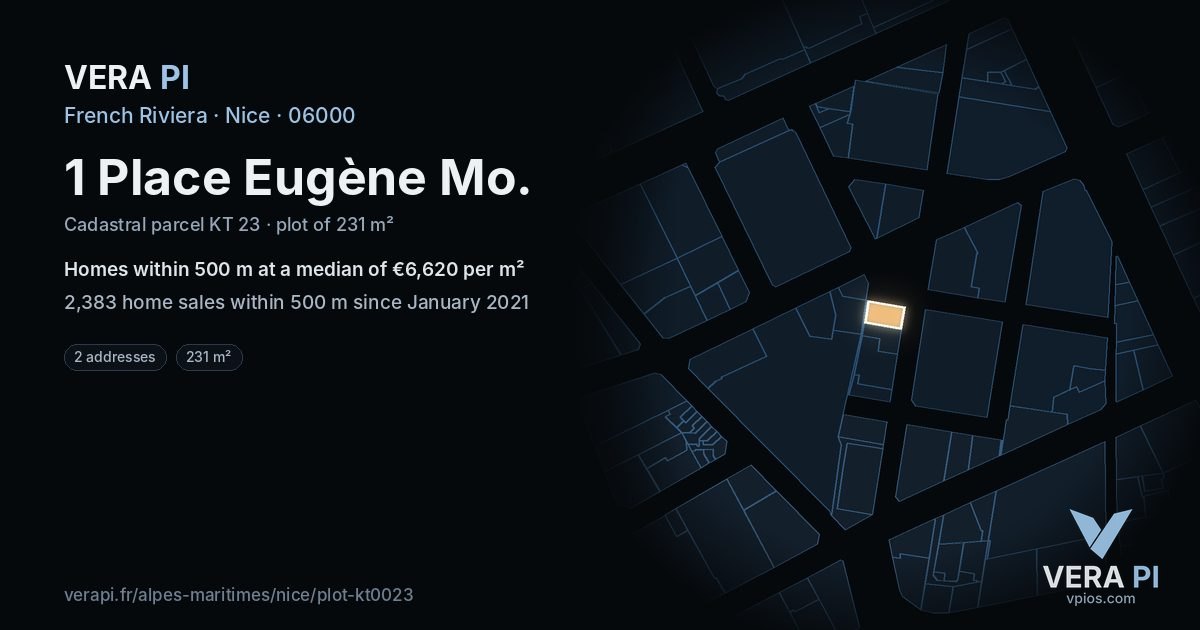 1 Place Eugène Mo, Nice at night – the plot lit, the parcels around coloured by the prices near them