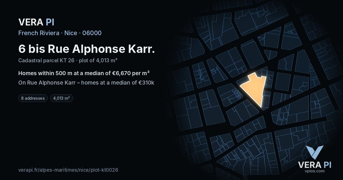 6 bis Rue Alphonse Karr, Nice at night – the plot lit, the parcels around coloured by the prices near them