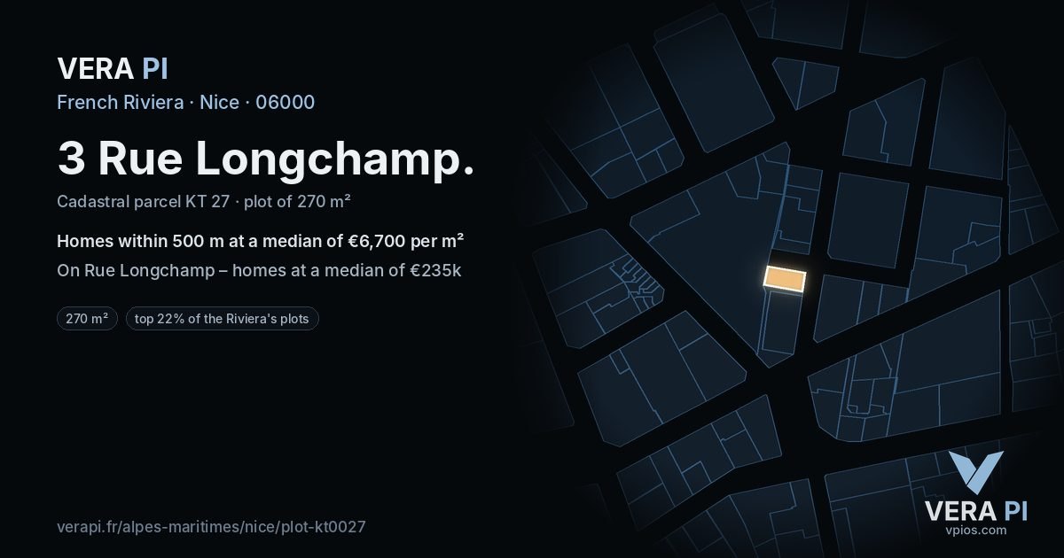 3 Rue Longchamp, Nice at night – the plot lit, the parcels around coloured by the prices near them