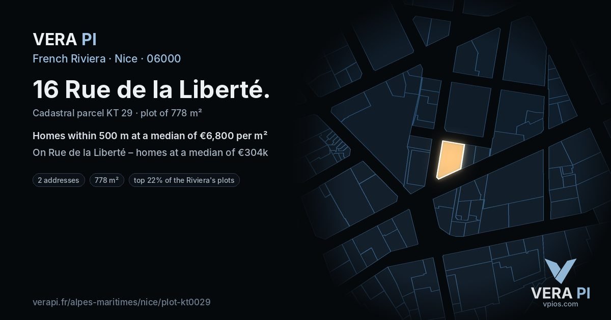 16 Rue de la Liberté, Nice at night – the plot lit, the parcels around coloured by the prices near them