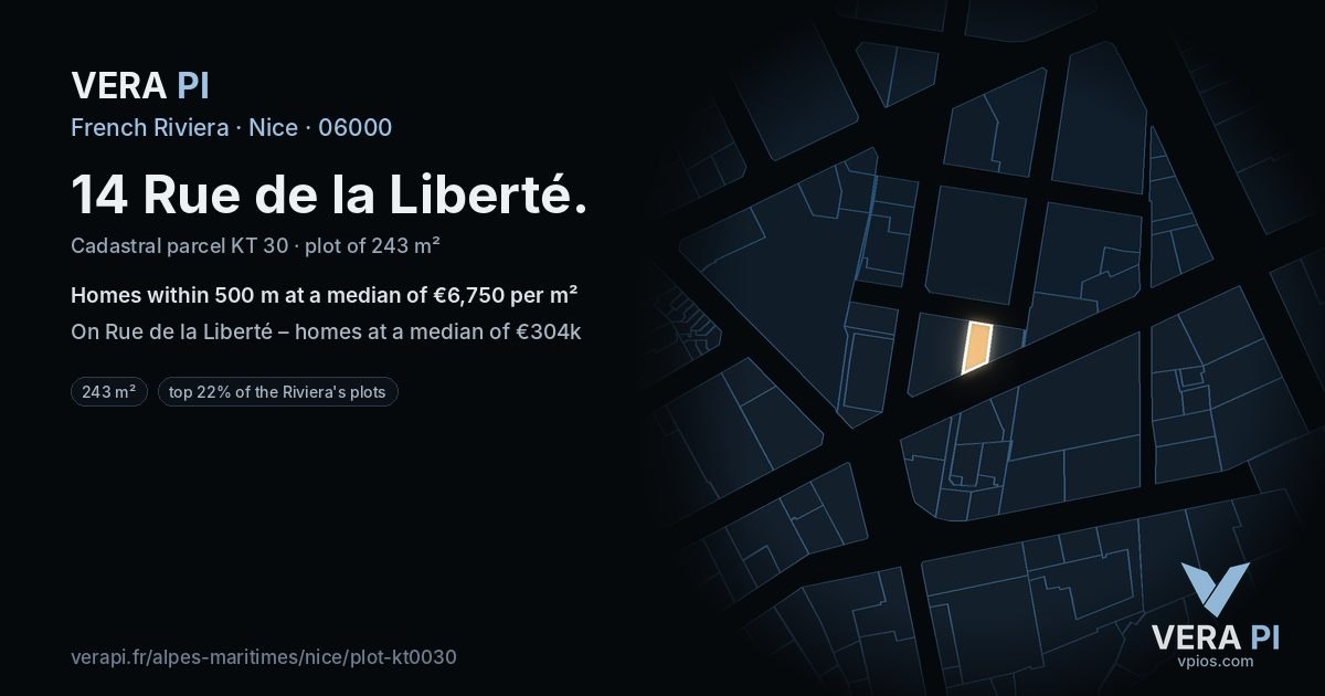 14 Rue de la Liberté, Nice at night – the plot lit, the parcels around coloured by the prices near them