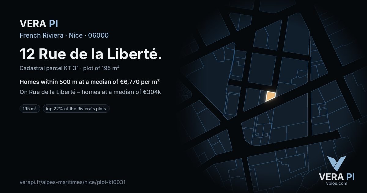 12 Rue de la Liberté, Nice at night – the plot lit, the parcels around coloured by the prices near them