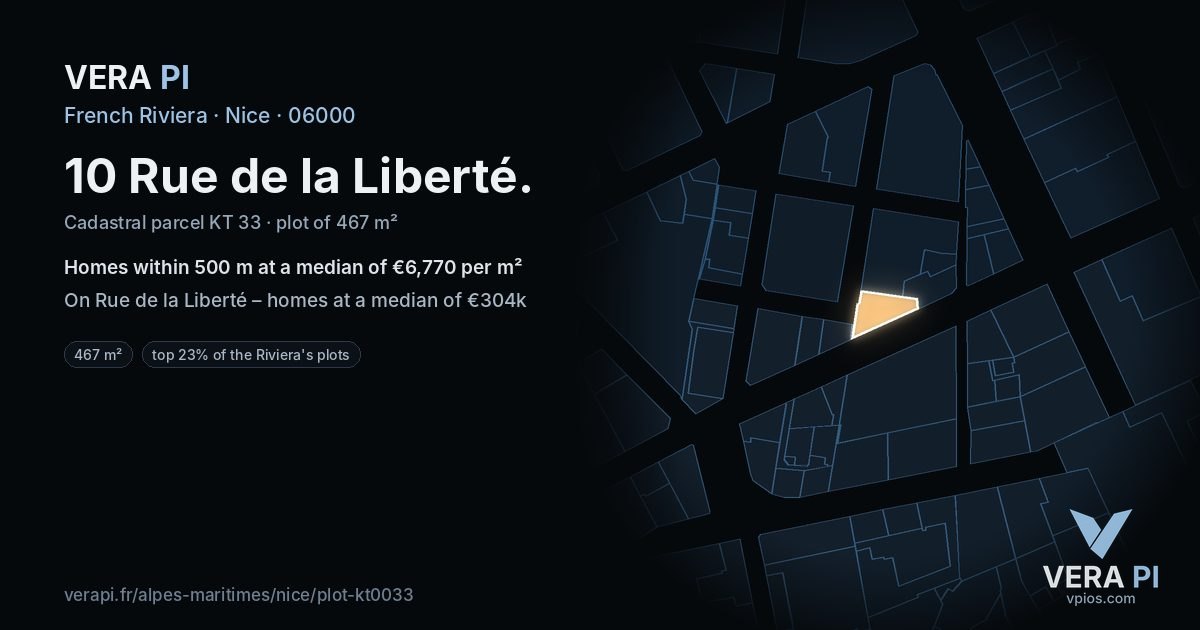 10 Rue de la Liberté, Nice at night – the plot lit, the parcels around coloured by the prices near them