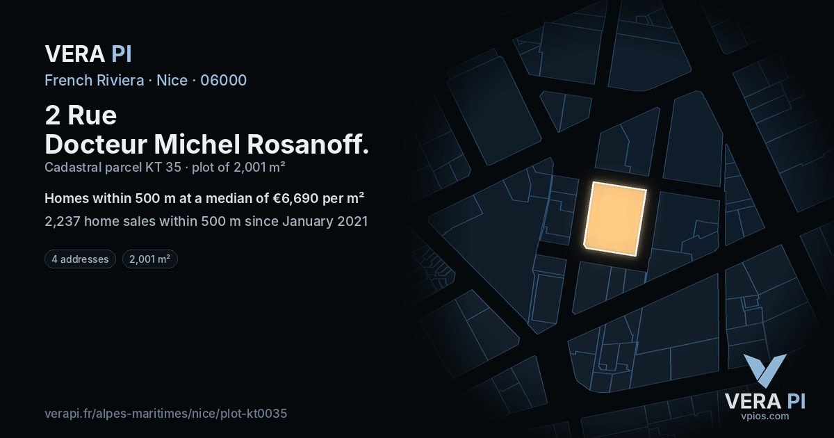 2 Rue Docteur Michel Rosanoff, Nice at night – the plot lit, the parcels around coloured by the prices near them