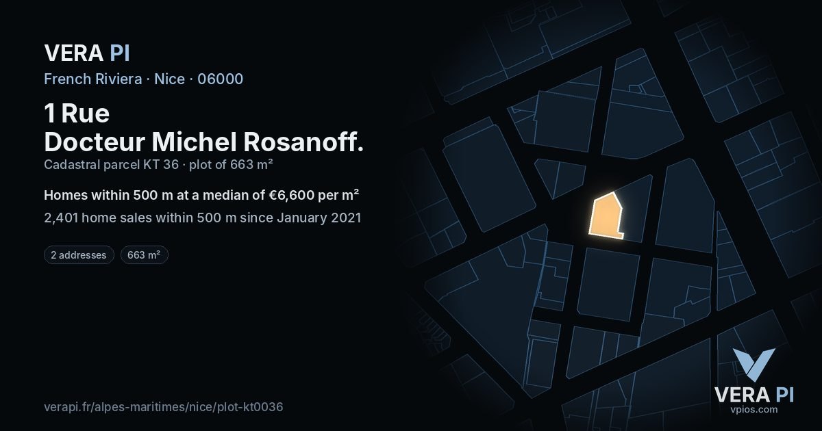 1 Rue Docteur Michel Rosanoff, Nice at night – the plot lit, the parcels around coloured by the prices near them