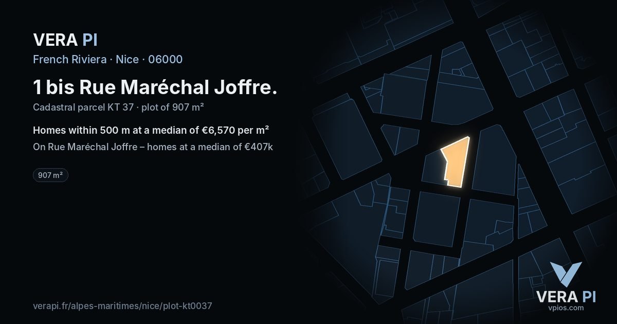 1 bis Rue Maréchal Joffre, Nice at night – the plot lit, the parcels around coloured by the prices near them