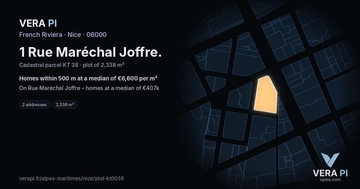 1 Rue Maréchal Joffre, Nice at night – the plot lit, the parcels around coloured by the prices near them