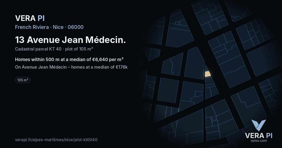 13 Avenue Jean Médecin, Nice at night – the plot lit, the parcels around coloured by the prices near them