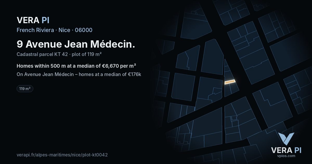 9 Avenue Jean Médecin, Nice at night – the plot lit, the parcels around coloured by the prices near them