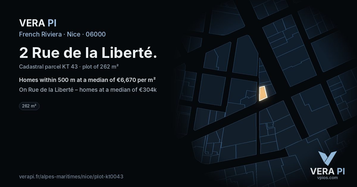 2 Rue de la Liberté, Nice at night – the plot lit, the parcels around coloured by the prices near them