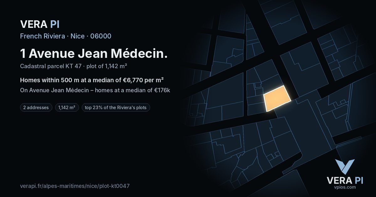 1 Avenue Jean Médecin, Nice at night – the plot lit, the parcels around coloured by the prices near them
