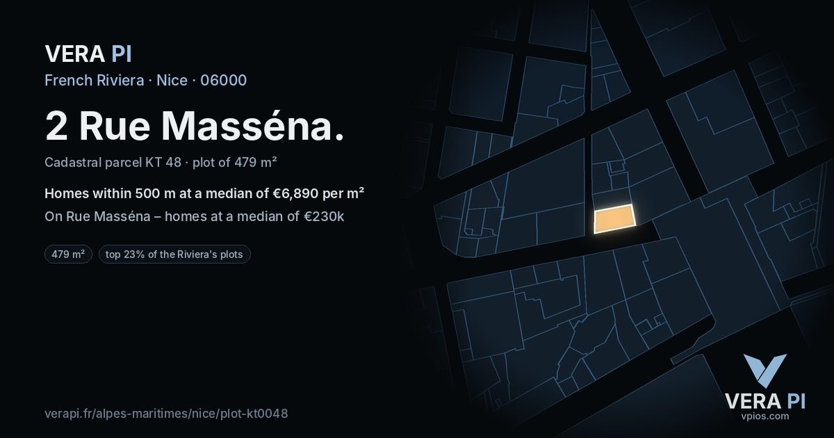 2 Rue Masséna, Nice at night – the plot lit, the parcels around coloured by the prices near them