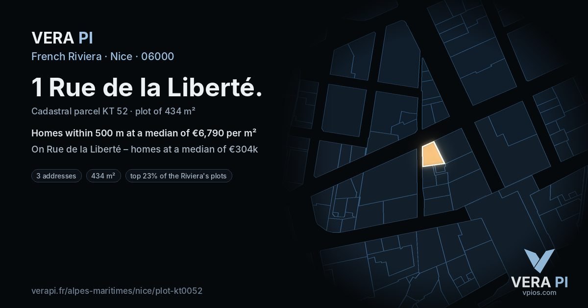 1 Rue de la Liberté, Nice at night – the plot lit, the parcels around coloured by the prices near them