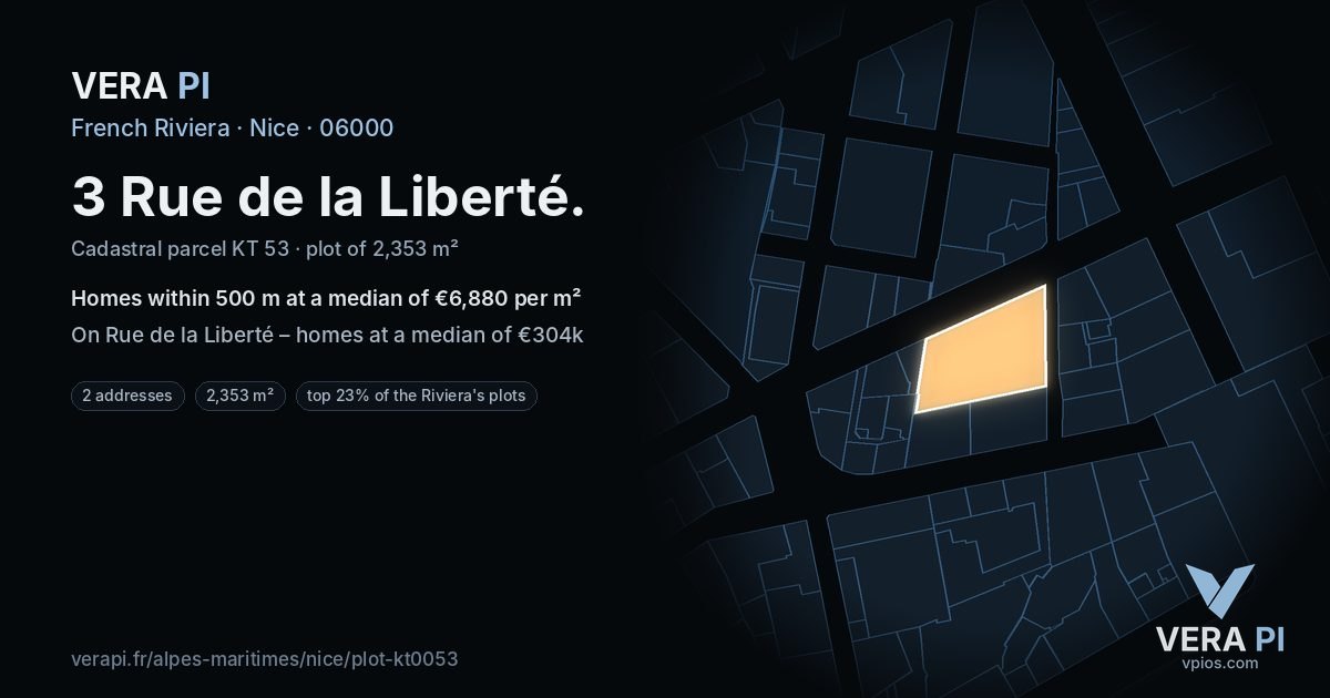 3 Rue de la Liberté, Nice at night – the plot lit, the parcels around coloured by the prices near them
