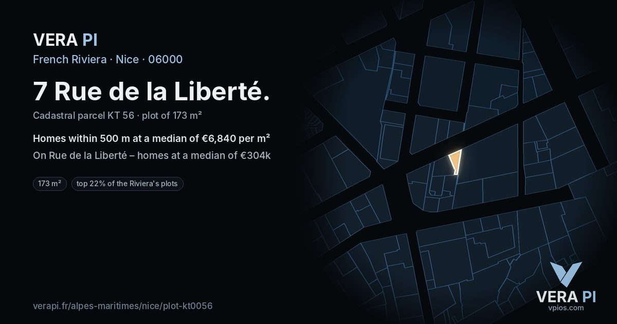 7 Rue de la Liberté, Nice at night – the plot lit, the parcels around coloured by the prices near them