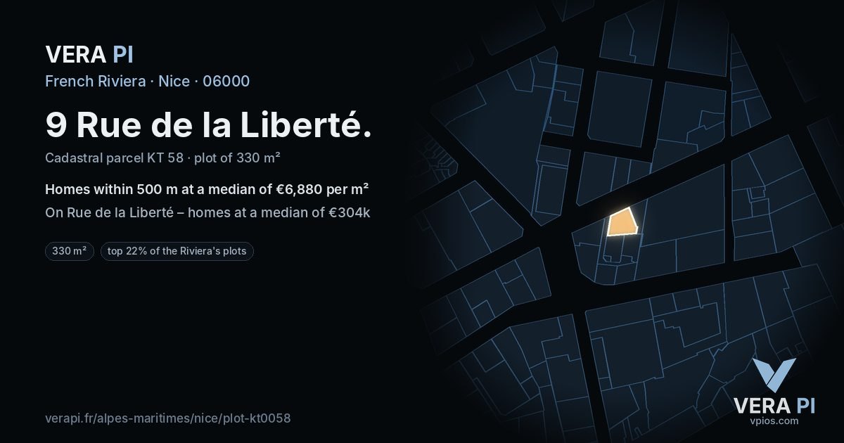 9 Rue de la Liberté, Nice at night – the plot lit, the parcels around coloured by the prices near them