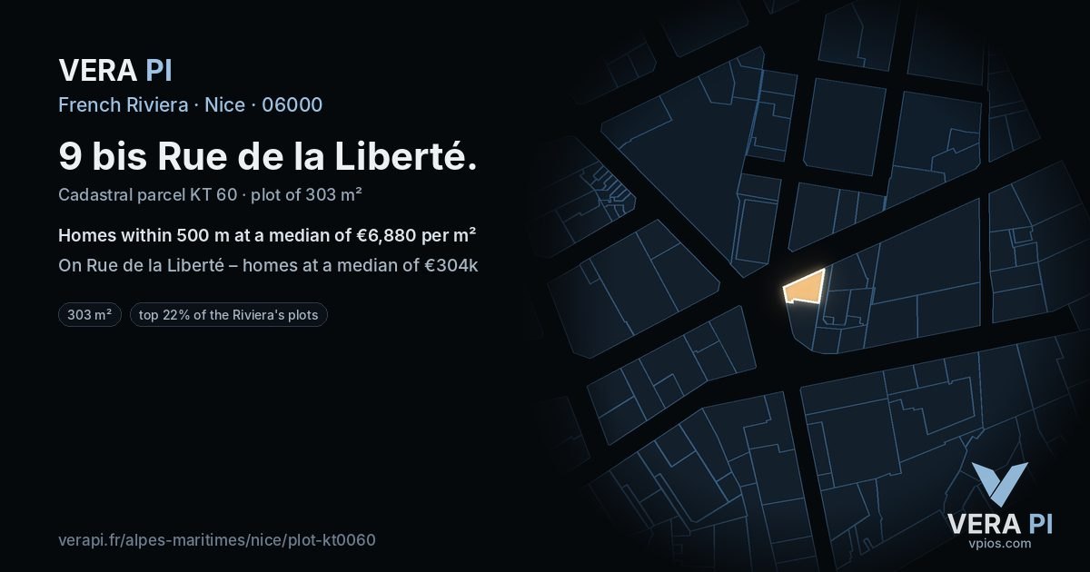 9 bis Rue de la Liberté, Nice at night – the plot lit, the parcels around coloured by the prices near them