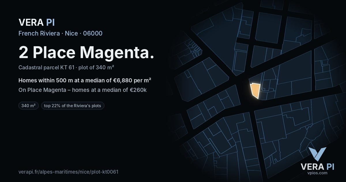2 Place Magenta, Nice at night – the plot lit, the parcels around coloured by the prices near them