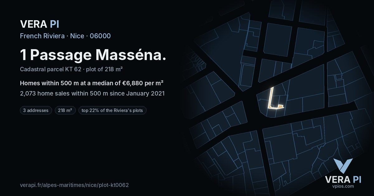 1 Passage Masséna, Nice at night – the plot lit, the parcels around coloured by the prices near them