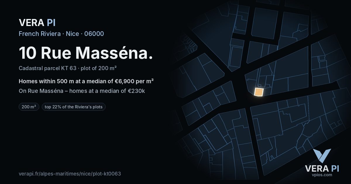 10 Rue Masséna, Nice at night – the plot lit, the parcels around coloured by the prices near them