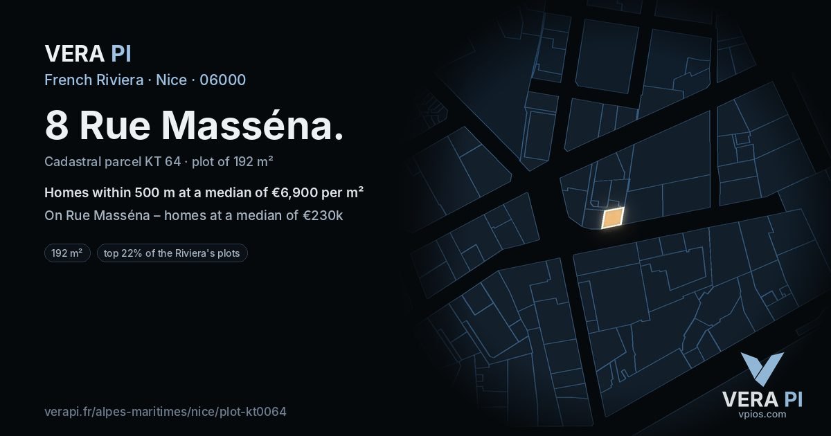 8 Rue Masséna, Nice at night – the plot lit, the parcels around coloured by the prices near them