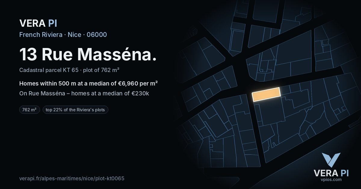 13 Rue Masséna, Nice at night – the plot lit, the parcels around coloured by the prices near them