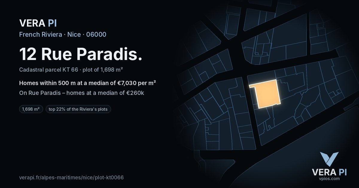 12 Rue Paradis, Nice at night – the plot lit, the parcels around coloured by the prices near them