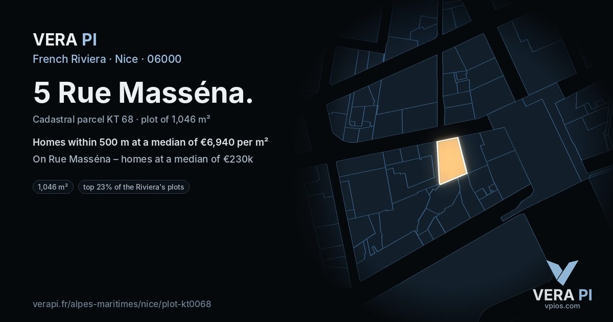 5 Rue Masséna, Nice at night – the plot lit, the parcels around coloured by the prices near them