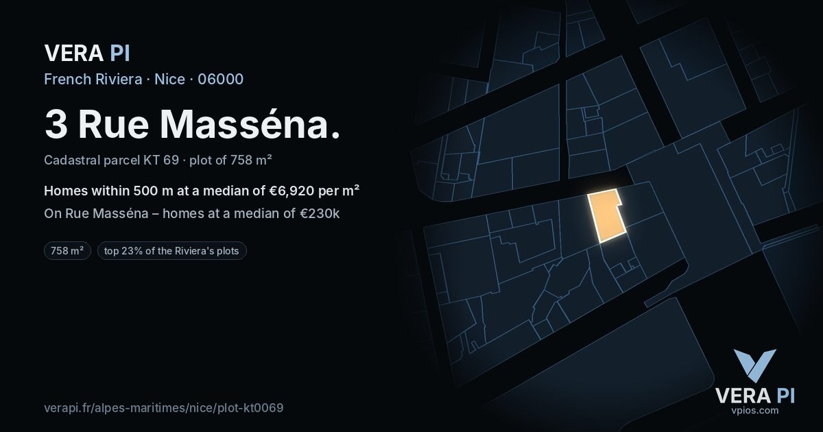 3 Rue Masséna, Nice at night – the plot lit, the parcels around coloured by the prices near them