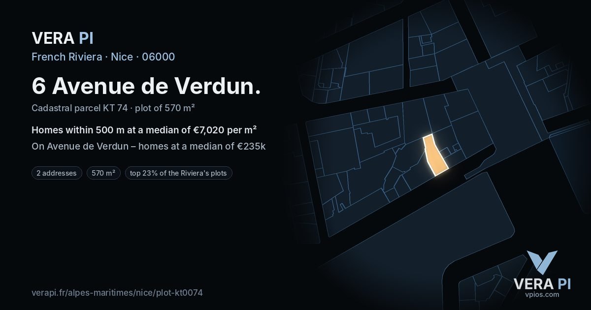 6 Avenue de Verdun, Nice at night – the plot lit, the parcels around coloured by the prices near them